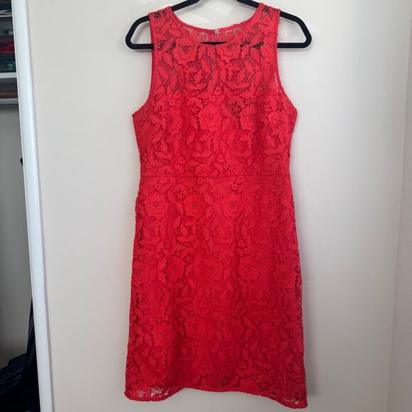J.Crew Sheath Lace Overlay Dress Red Floral Round Neck Back Zip Sleeveless Sz 12 - Picture 1 of 7